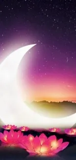 Crescent moon above lake with lotus flowers and vibrant purple sunset.