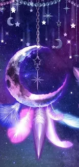 Mystical crescent moon with feathers in purple hues.