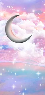 Crescent moon in pastel sky with clouds and ocean waves.