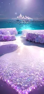 Dreamy crystal beach with purple hues and sparkling gems under a twilight sky.