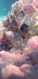 Ethereal wallpaper with pink clouds and crystal formations.