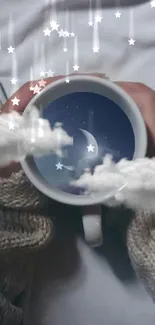 A cozy image of a cup reflecting a moonlit sky with clouds over a blanket.