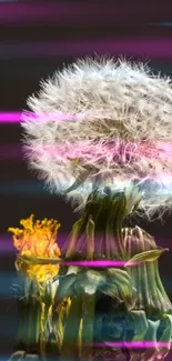 Abstract dandelion with neon lights creating a vibrant, futuristic look.