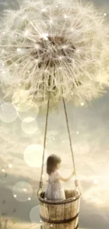 A girl floats in a basket attached to a giant dandelion in a dreamy sky.