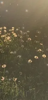 Dreamy sunset with dandelions and starry night sky.