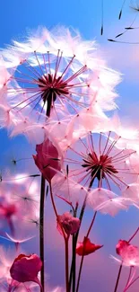 Dreamy dandelions with pink hues against a blue sky in a mobile wallpaper.