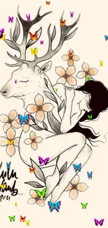 Whimsical art of deer with flowers and butterflies, beige background.