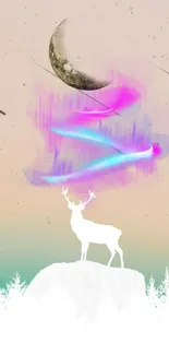 Dreamy deer under a colorful galaxy with striking lunar elements.