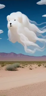 A fluffy dog-shaped cloud floats over a sunny desert panorama.