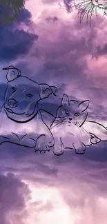 Purple cloudscape with dog and cat illustration.