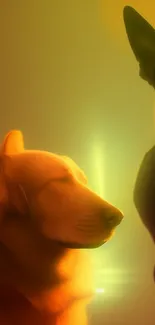 Dreamy orange and green glow with serene dogs.