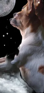 Dog gazing at moon in dreamy, celestial mobile wallpaper.