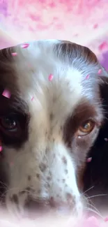 Dog under pink moon with petals in mystical scene.