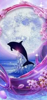 Fantasy art wallpaper with a dolphin leaping in front of a moon, surrounded by pink blossoms.