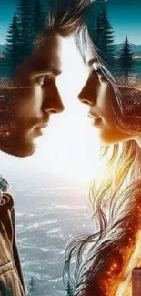 Double exposure of a couple with scenic landscape.