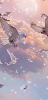 Birds flying in a pastel sky filled with clouds and twinkling stars.