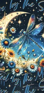 Enchanting dragonfly with moon and flowers on dark background.