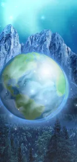 Fantasy wallpaper featuring earth sphere over night mountain.