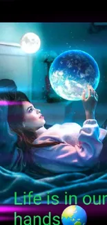 Woman holding a glowing Earth at night.