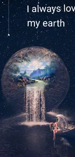 Dreamy cosmic landscape with waterfall from Earth and starry night sky.