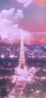 Eiffel Tower with dreamy pink and purple sky in a magical wallpaper.