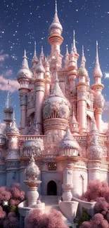 Enchanting pink castle under starry sky in fantasy mobile wallpaper.