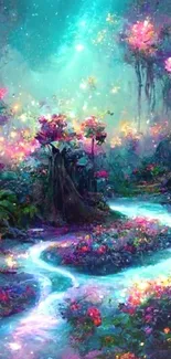 Magical forest wallpaper with luminous flowers and a glowing stream in vibrant colors.