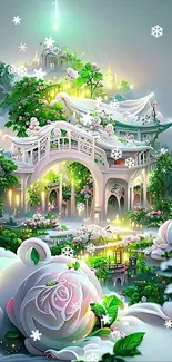 Serene fantasy garden with glowing flowers and architectural beauty in a dreamy setting.