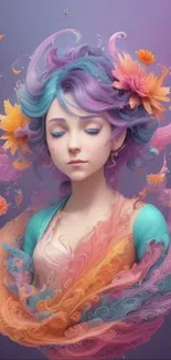 Dreamy ethereal art wallpaper with colorful flowers and flowing hair.