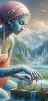 Ethereal figure in mystical waterfall setting, art wallpaper.