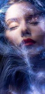 Ethereal face with swirling blue light and dreamy atmosphere.