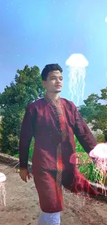 Man in traditional attire with glowing jellyfish in forest.