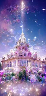 Ethereal palace glowing with purple light in a dreamlike fantasy setting.