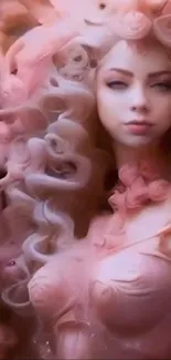 Ethereal woman with soft pink hues in a dreamy fantasy style.