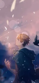 Anime character in a dreamy evening sky with birds, serene atmosphere.