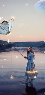 Woman in a lake catching a glowing butterfly under a moonlit sky.