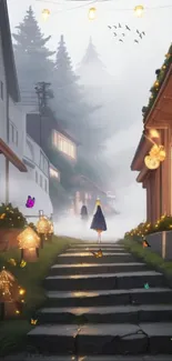 A misty village street with lights and greenery, perfect for serene wallpaper.