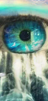 Surreal blue eye with waterfall mobile wallpaper.