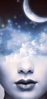 Surreal face with clouds and crescent moon in blue tones.