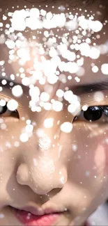 Artistic close-up of face with snowflakes overlay.