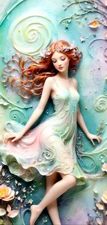 Ethereal fairy in a pastel art design with floral accents on mobile wallpaper.