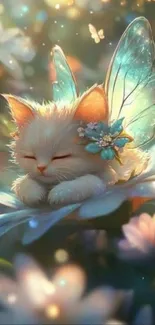 A dreamy fairy cat resting on a flower with delicate wings.