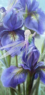 Fairies resting on vibrant iris flowers creating a mystical scene.