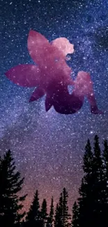 Mystical fairy silhouette against a starry night sky with trees.