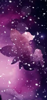 Whimsical fairy silhouette in snowy purple landscape.