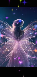 Magical fairy with glowing wings and starry night background.