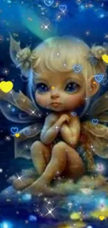 Enchanting fairy sitting among stars and hearts in a blue fantasy setting.