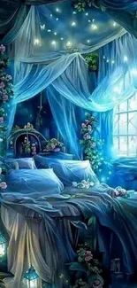 Magical fairy tale bedroom in glowing blue hues.