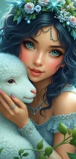 Dreamy fairy holding a lamb with blue flowers in background.