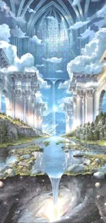 Fantasy landscape with arches, clouds, and a river on a mobile wallpaper.